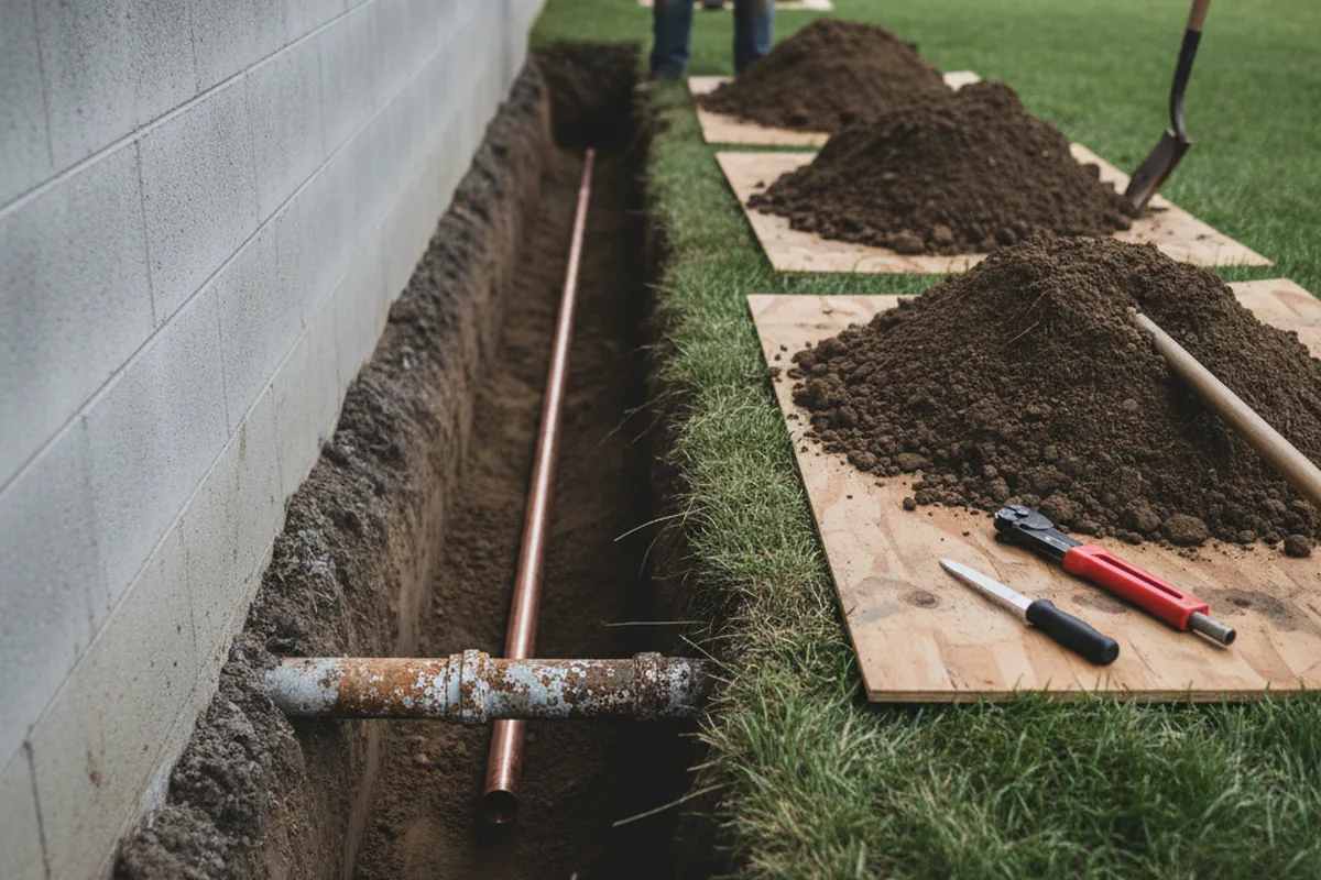 Excavated water line trench during Sewer Line Repair in Kaw City